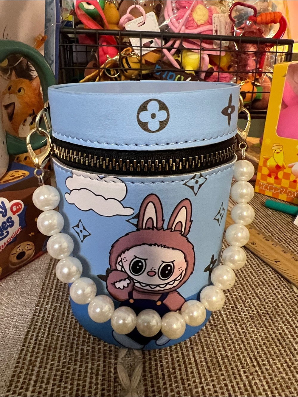 Kids Light Blue Cartoon Crossbody Bag with Pearl Strap & Accessories